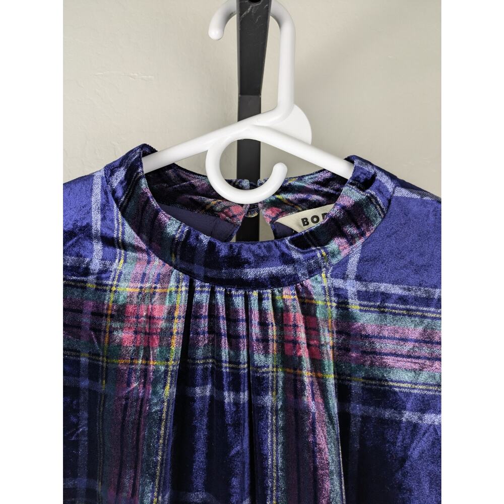Boden Velvet High Neck Dress Short Puff Sleeve Blue Colorful Plaid - Picture 6 of 10